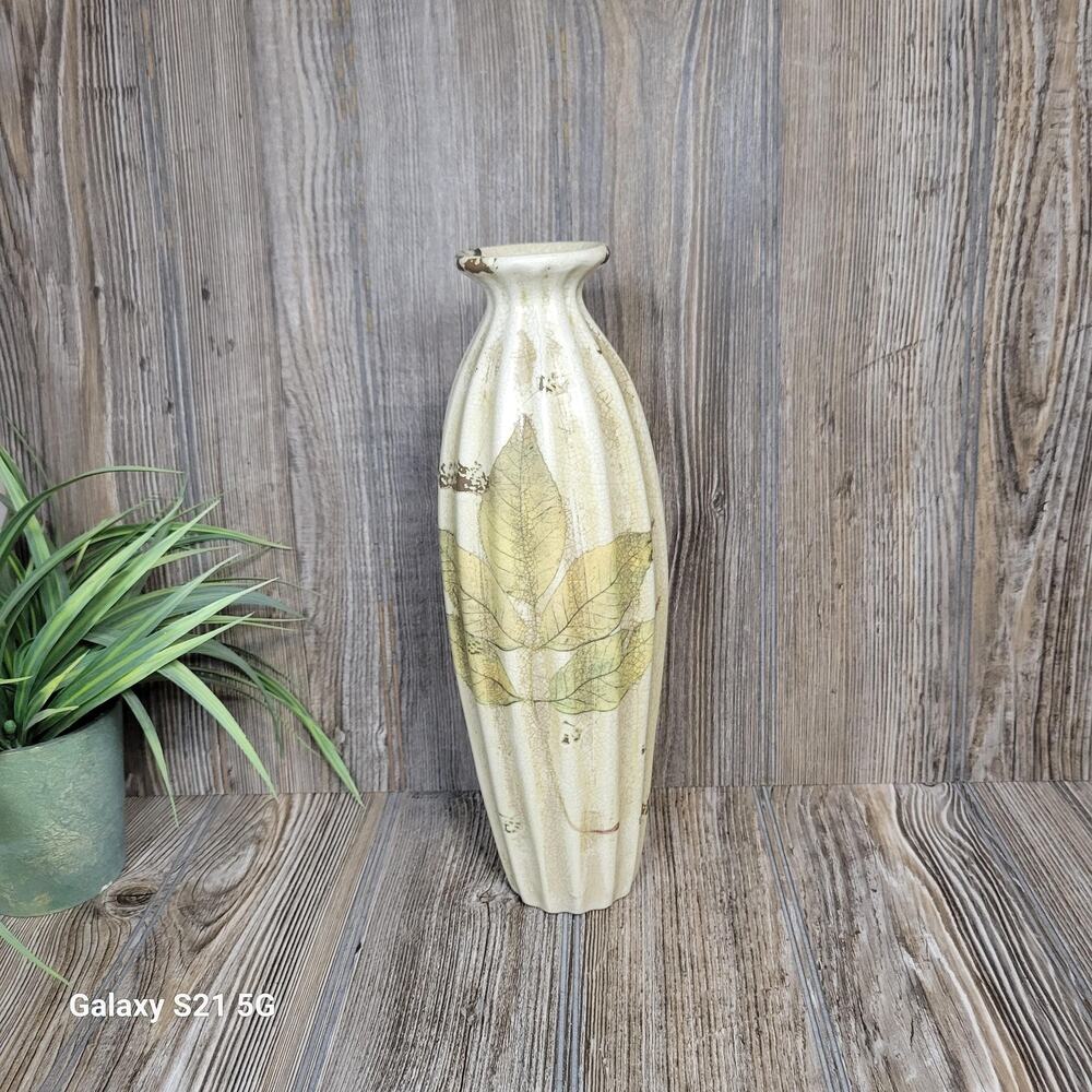 Vintage Green Leaf Vase, Ceramic Bottle Neck Vertical Rib Pottery